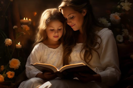 Bonding Mother daughter reading. Parent care. Generate Ai