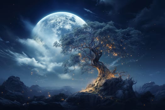 Radiant Moon tree landscape. Dark mystery. Generate AI