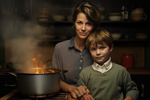 Mother son cook. Lifestyle cook. Generate Ai