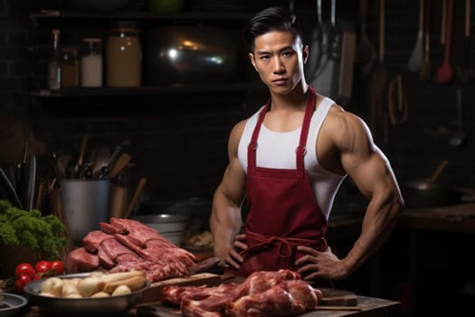 Dedicated Muscular asian chef. Muscle person. Generate Ai