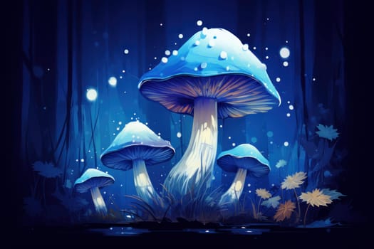 Blue mushroom illustration. Forest autumn organic. Generate Ai