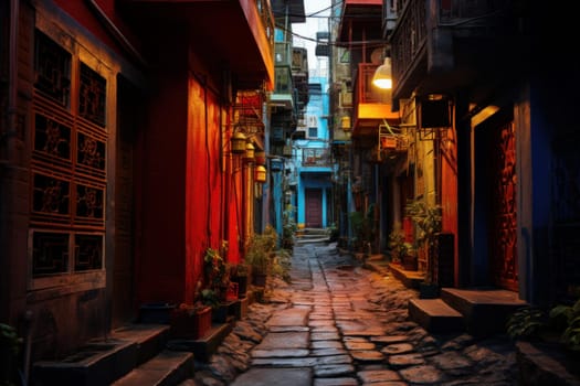 City narrow alley night. Alley house old. Generate Ai