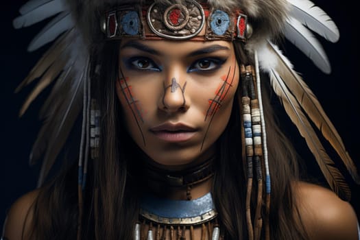 Empowered Native American woman starring. Tribal lady with hairdo feathers. Generate ai