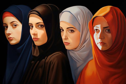 Resilient Muslim women group. Girl happy. Generate Ai