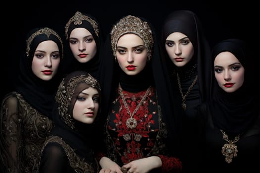 Muslim women group. Girl happy. Generate Ai