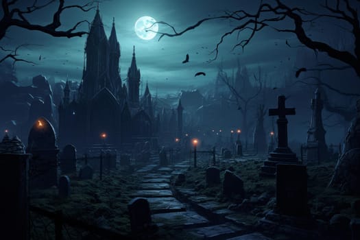 Gloomy Necromancer cemetery dark background. Skull night. Generate Ai