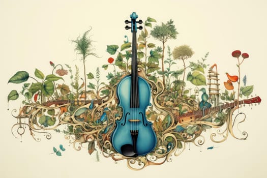Exotic Tropical nature music garden. Chair smile. Generate Ai