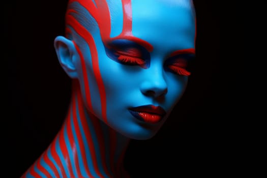 Vibrant Neon blue red woman. Party retro color pattern style. Generate AI
