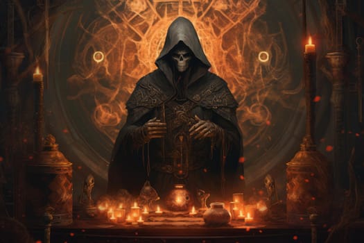 Vibrant Necromancer neon art background. Evil dark. Generate Ai