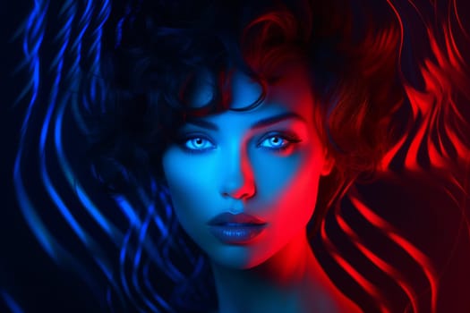Neon blue red woman. Party retro color pattern style. Generate AI