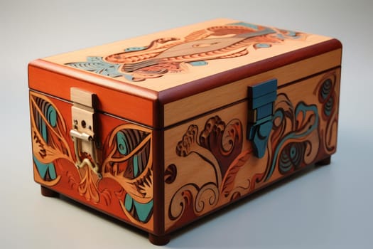 Necklace wooden box on table. Stones fashion luxury timber shiny. Generate Ai