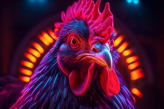Bright Neon chicken bird. Art blue color. Generate Ai
