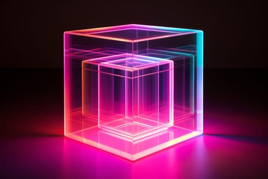 Abstract neon cube. Glow light. Generate Ai