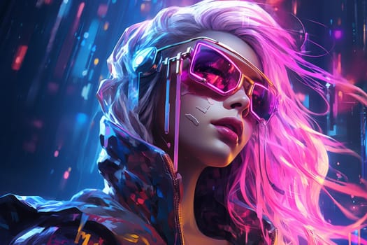 Neon cyberpunk woman. Digital gamer. Fictional person. Generate Ai