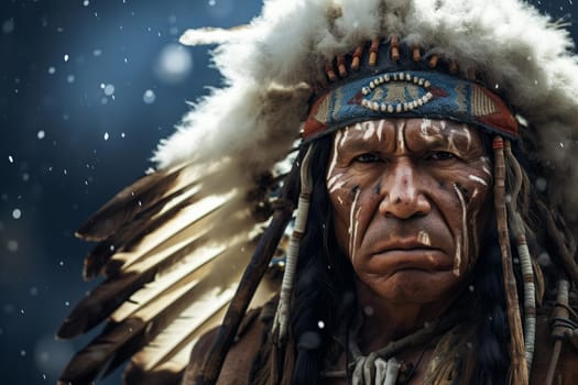 Authentic Native American man starring. Tribal lady with hairdo feathers. Generate ai