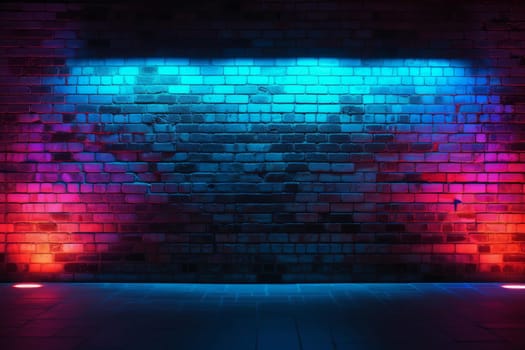 Gritty Neon blue red brick wall structure. Concrete dark light room. Generate AI