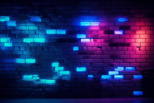 Bright Neon blue red brick wall structure. Concrete dark light room. Generate AI