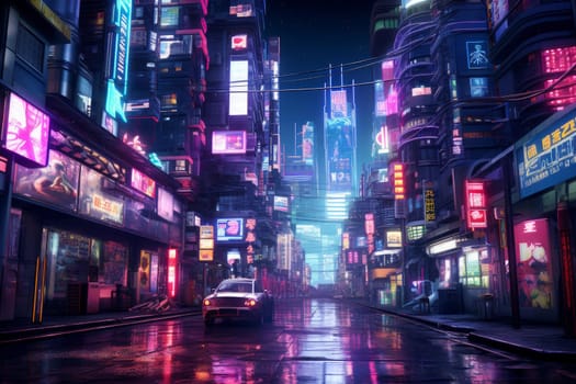 Dystopian Neon city cyberpunk. Urban asian tourist. Generate Ai