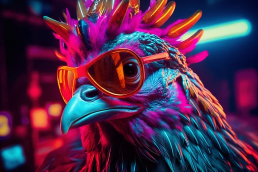 Quirky Neon chicken bird. Art blue color. Generate Ai