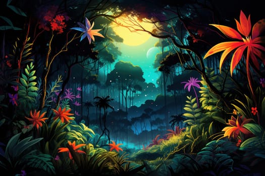 Tranquil Night forest jungle dark. Tropical tree. Generate Ai