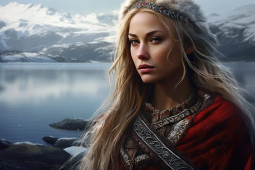 Norwegian woman. Nature travel young. Generate Ai