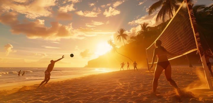 Players engage in a beach volleyball game at sunset with a stunning ocean backdrop