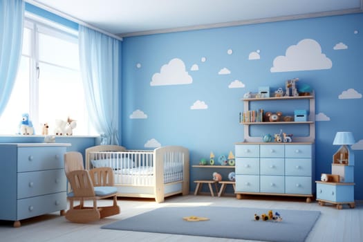 Chic Modern nursery room blue. Design furniture. Generate Ai