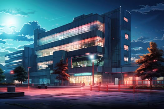 Immersive Office building exterior anime visual novel game. Urban district. Generate Ai