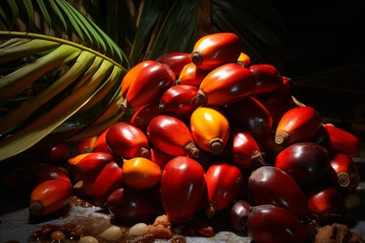 Tropical Oil palm fruits banner. Fresh tropical fruits with palm leaf. Generate ai