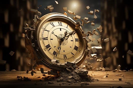 Dysfunctional Old broken clock. Dark watch fabric. Generate AI