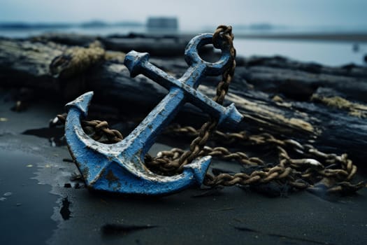 Old ship anchor on blue marine background. Nautical boat equipment for water navigation. Generate ai