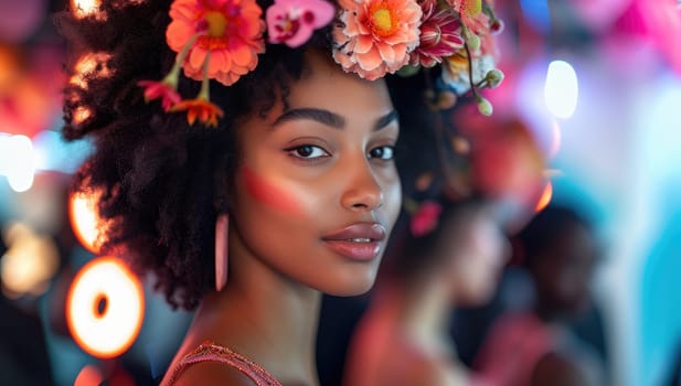 Portrait of beautiful african american woman with flowers in hair