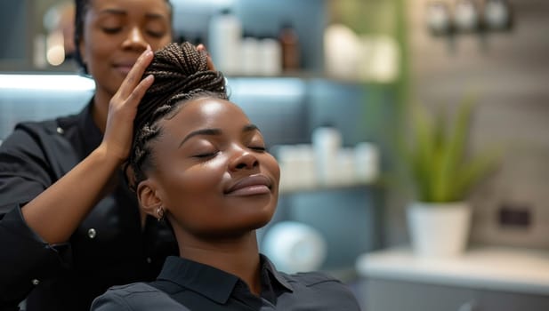 African American hairstylist adjusting client braids in salon