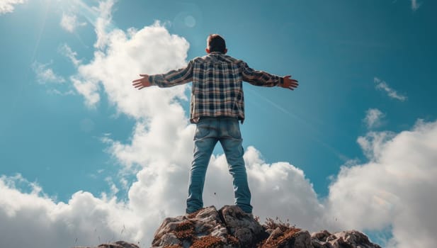 Man standing on top of a mountain with his hands outstretched.