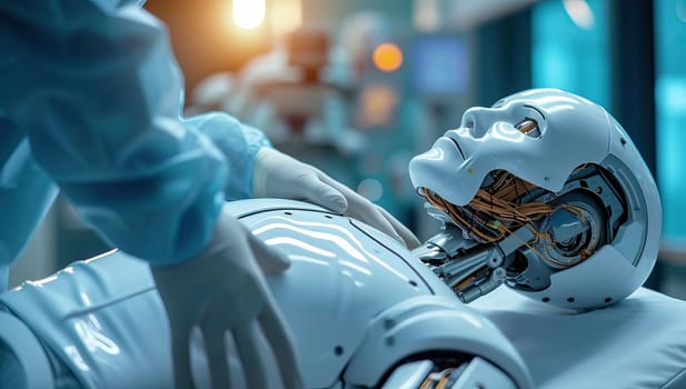 Human doctor examining robot patient in operating room