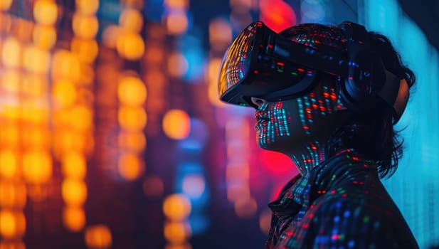 Woman in cyberpunk style with virtual reality glasses in colorful night club
