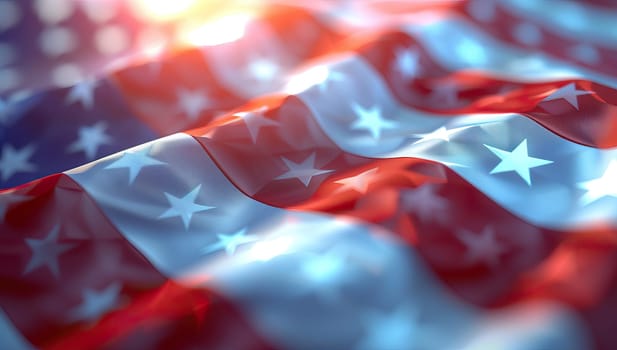 Sunlit American flag waving vibrantly