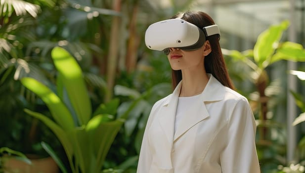 Young asian woman wearing virtual reality glasses in the green garden.