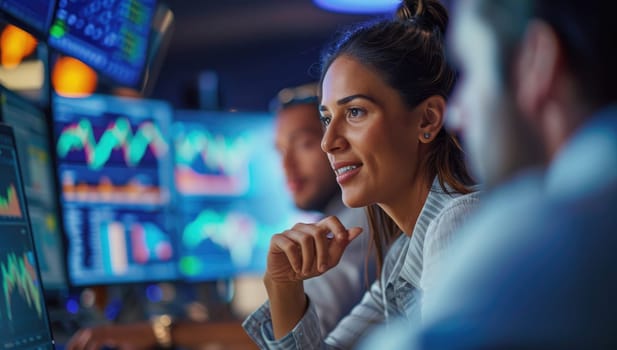 Professionals analyzing data on multiple screens in modern office