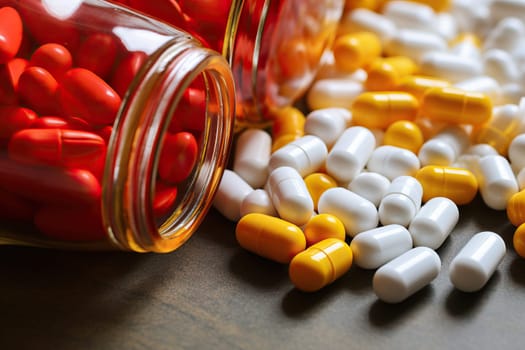 Assorted pills and capsules spilling from a bottle