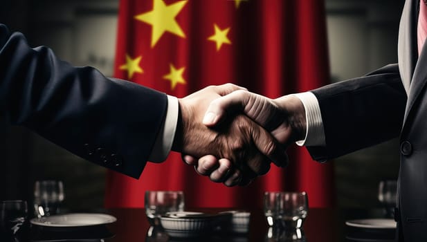 Business handshake on the background of the flag of China. Negotiations and cooperation concept.