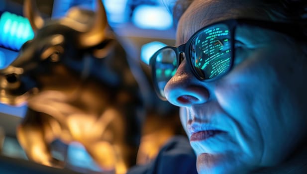 Woman wearing glasses analyze bullish stock market