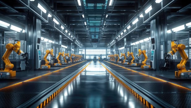 Robotic arms working on assembly line in modern factory
