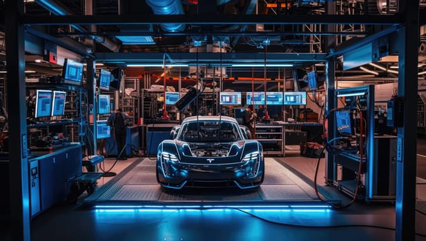 Automotive assembly line. Auto service industry. Electric car production.