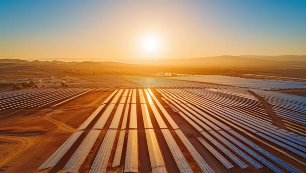 Panoramic view of solar panels in a field at sunset