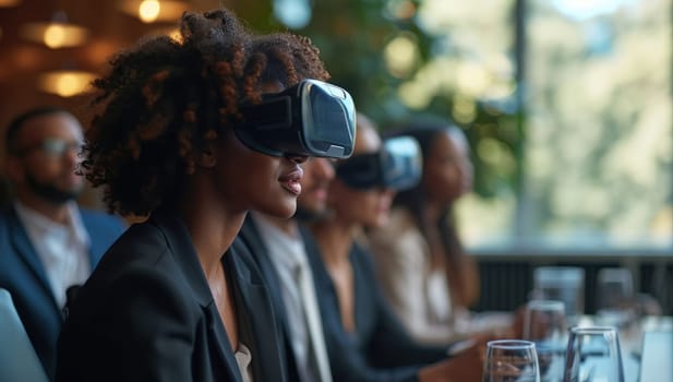 African American businesswoman using virtual reality headset in meeting