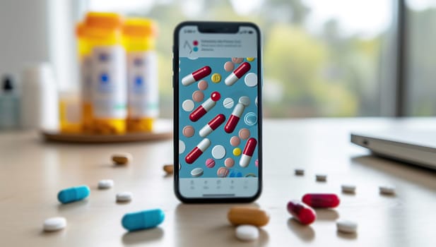 smartphone with medical app on screen and many pills on the table