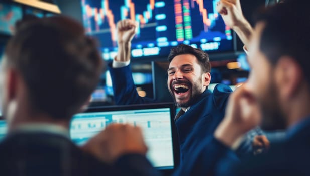 Successful team of traders in stock exchange trading room. Stock market concept.