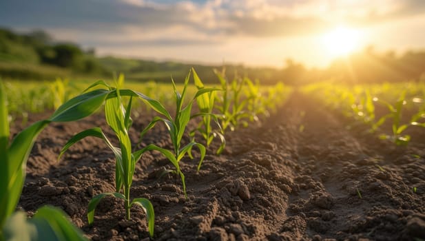 Young corn seedlings growing in a field at sunset. Agricultural concept.