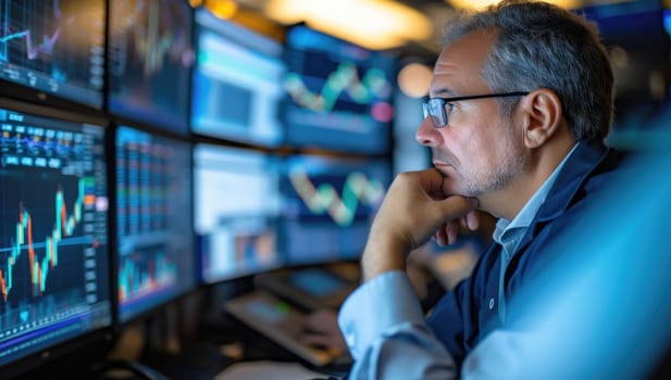Mature businessman analyzing stock market data on computer monitors